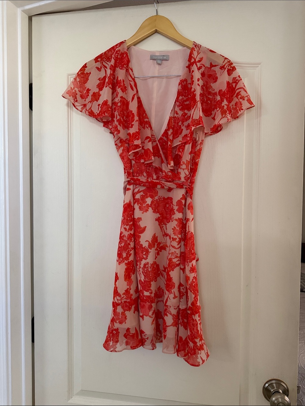 Chelsea28 Red Pink Floral Wrap Mini Dress Flutter Sleeve